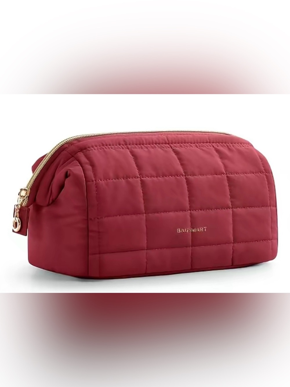 Bagsmart Quilted Cosmetic Bag in Pomegranate Red with Gold Hardware